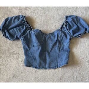 Dizzy Lizzy Women's XL Chambray Puff Sleeve Smocked Crop Top Blue
